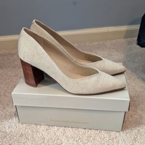 Marc Fisher Caitlin Pump Heels, Size 9, Beige Fabric Wooden Block Heel